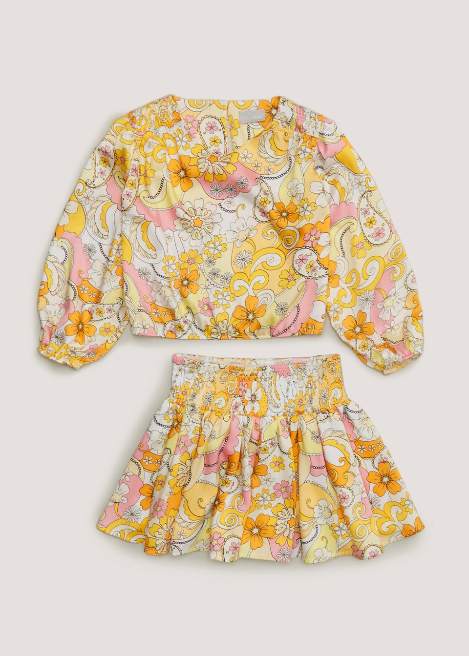 Girls Yellow Floral Satin Top & Skirt Set (4-13yrs)