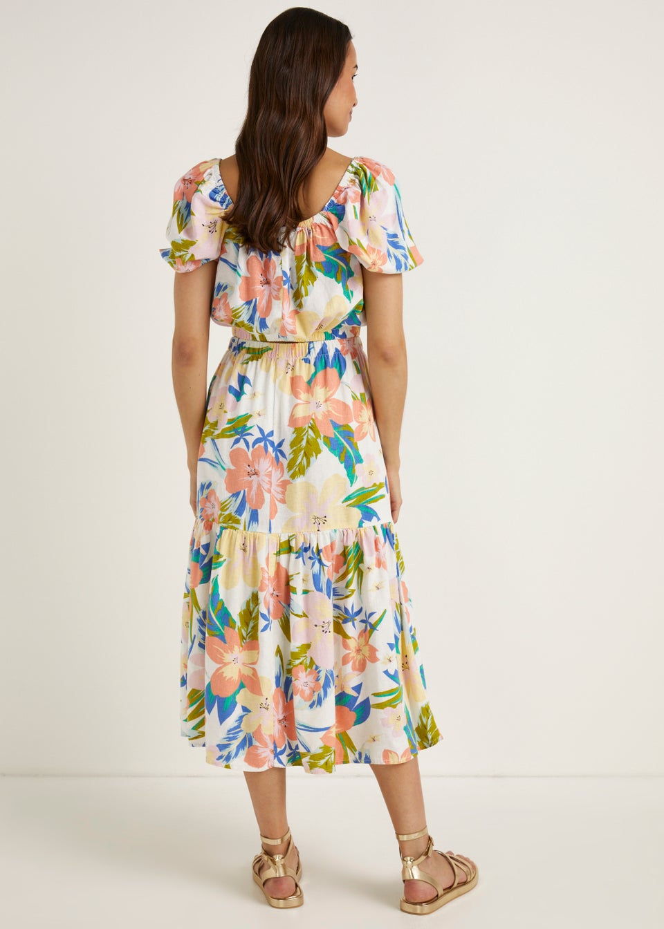 Multicoloured Floral Linen Blend Co-Ord Midi Skirt