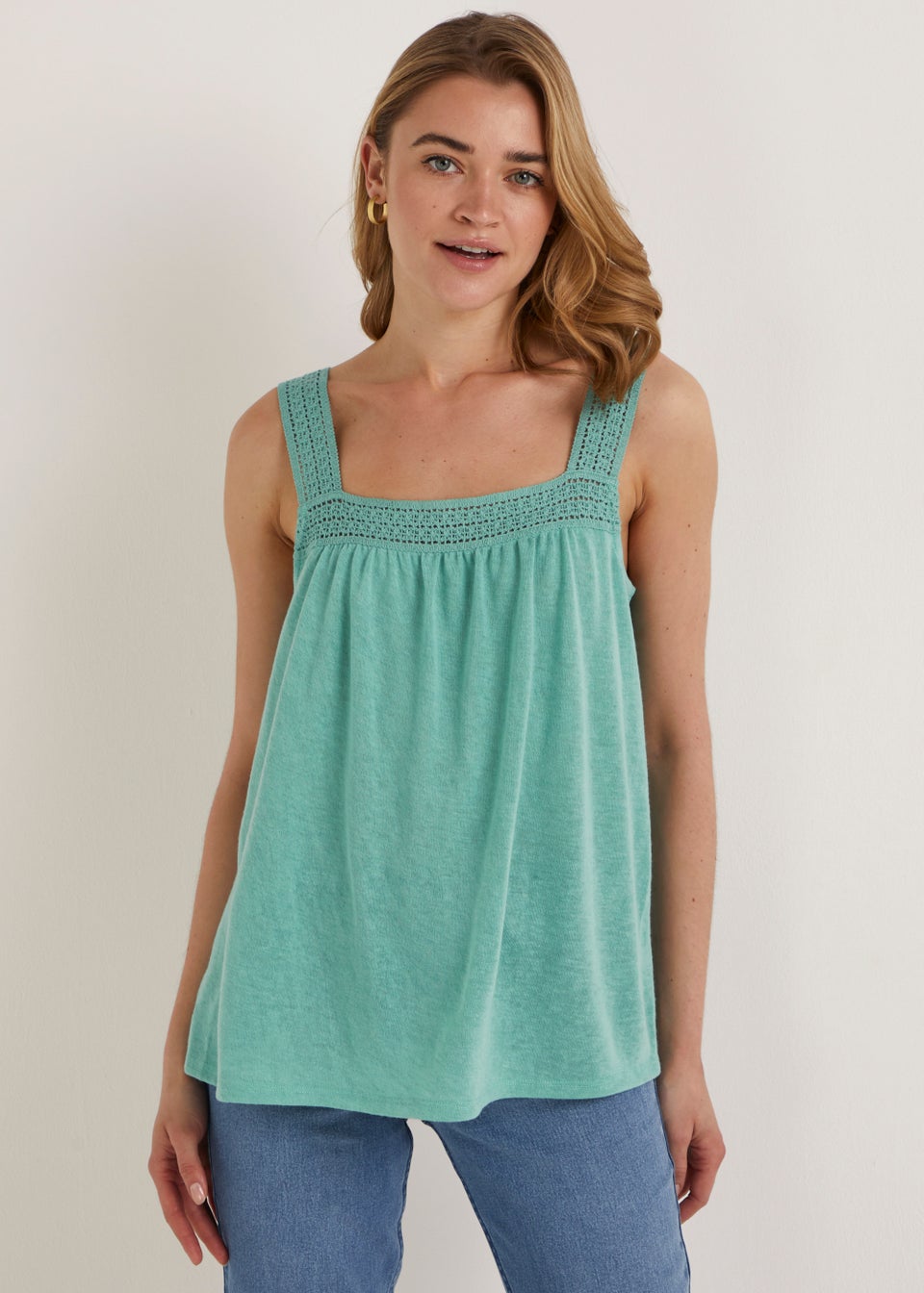 Green Square Neck Woven Vest Top