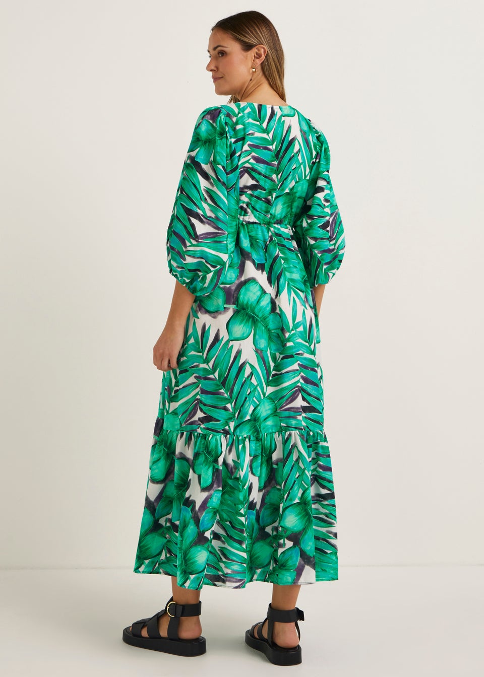 Green Palm Print Midaxi Dress