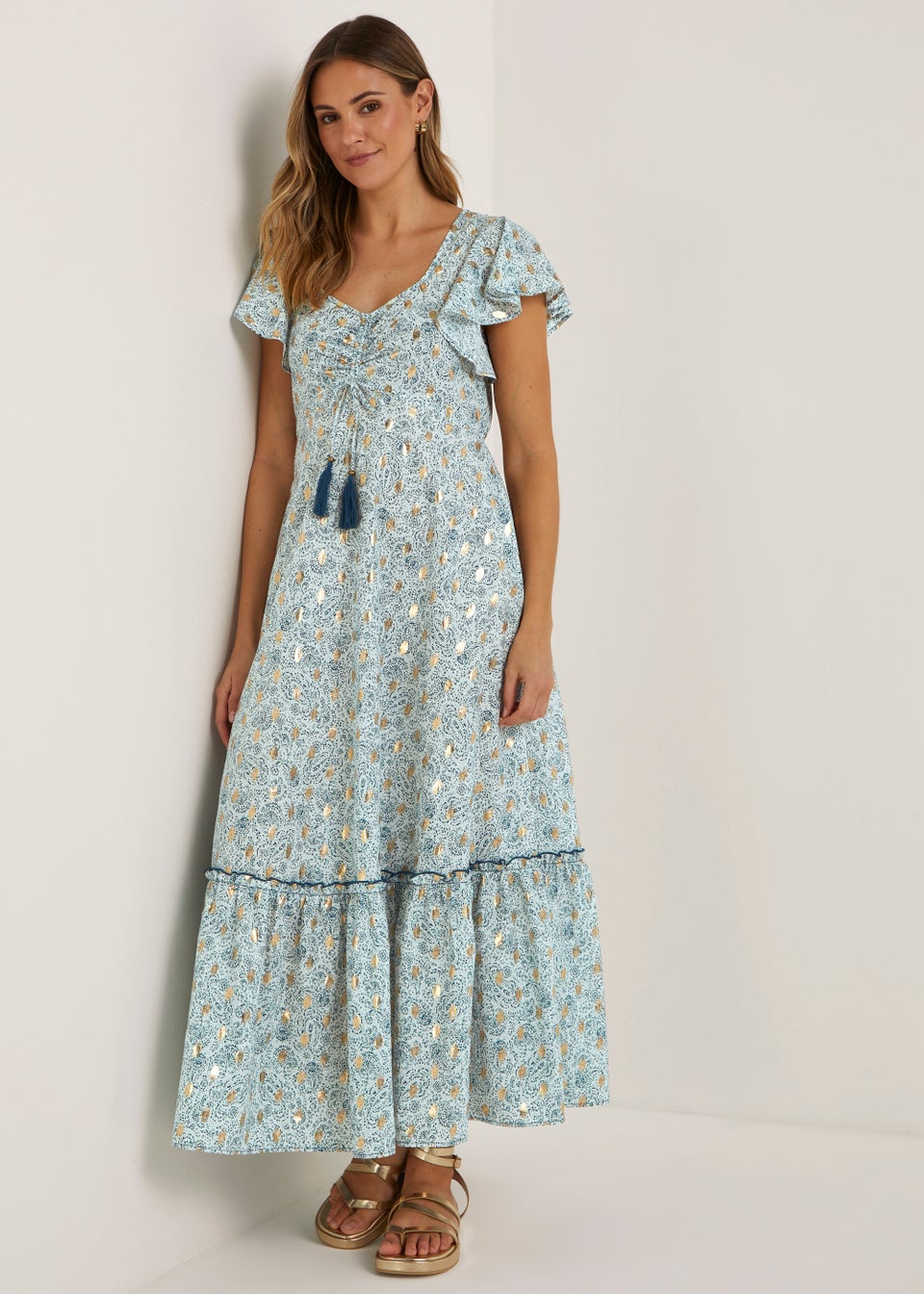 Blue Paisley Foil Print Midaxi Dress