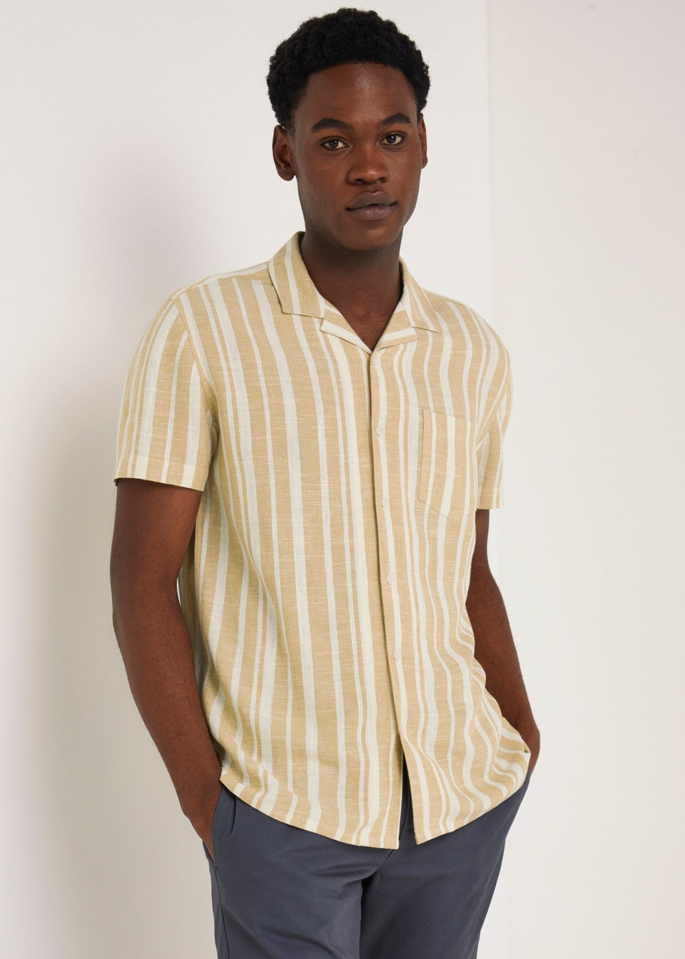 Ecru Stripe Print Linen Blend Short Sleeve Shirt