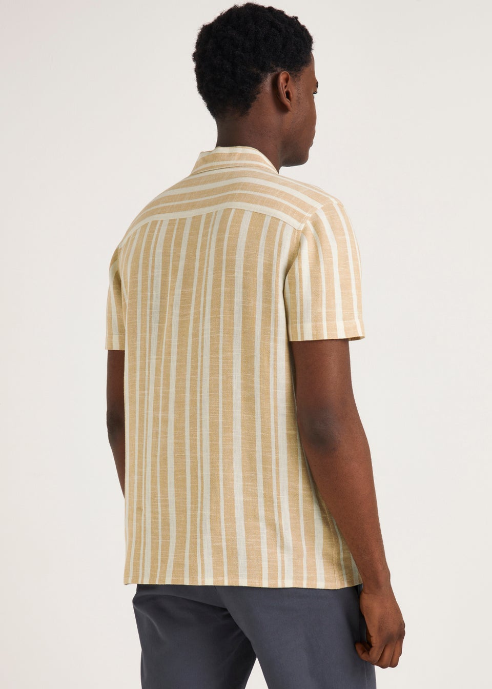 Ecru Stripe Print Linen Blend Short Sleeve Shirt