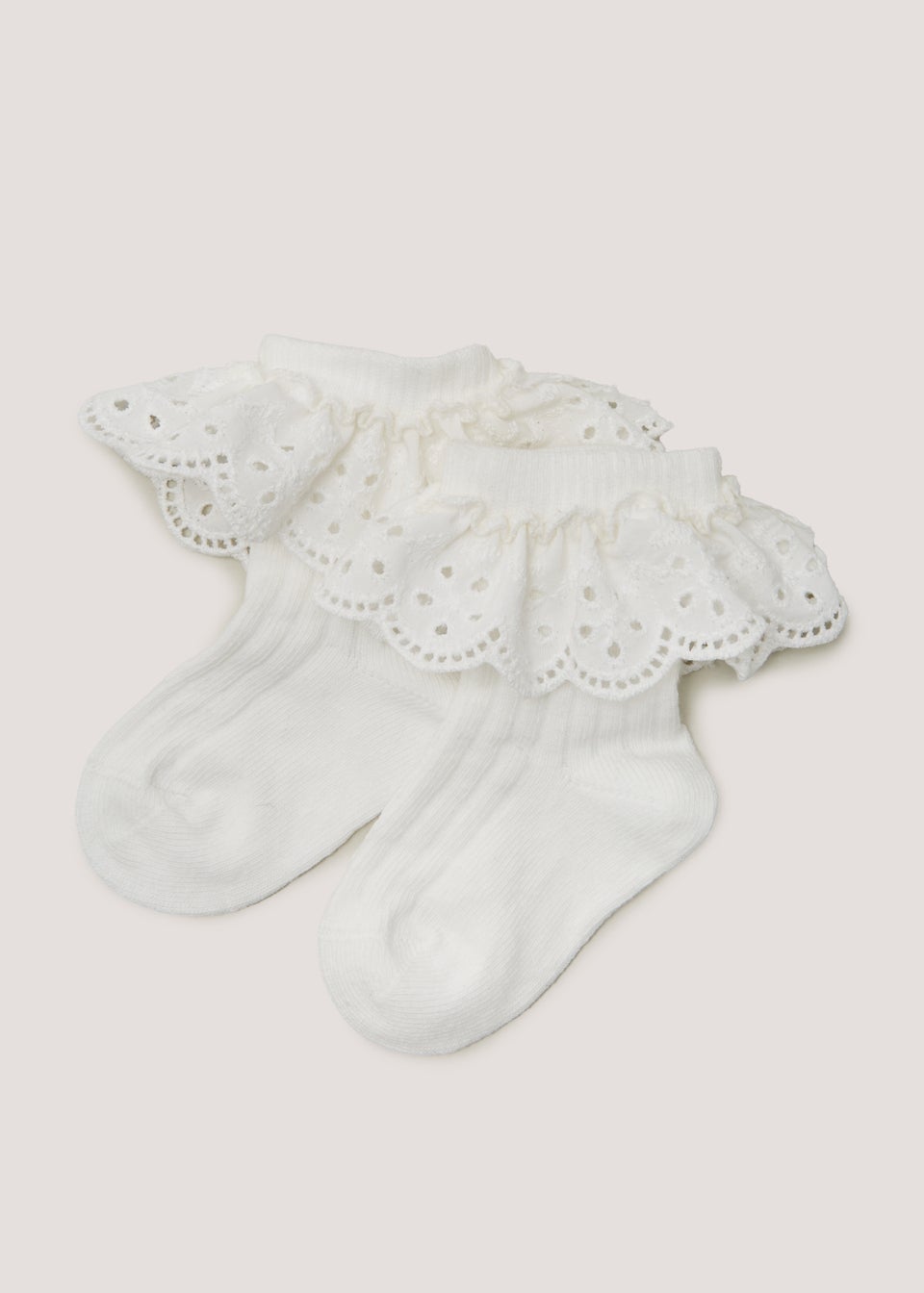 2 Pack Cream Schiffli Frill Baby Socks (Newborn-12mths)