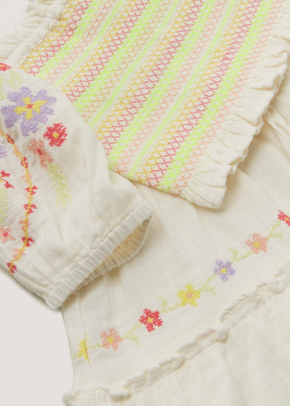 Girls Cream Floral Cross Stitch Top & Skirt Set (4-13yrs)