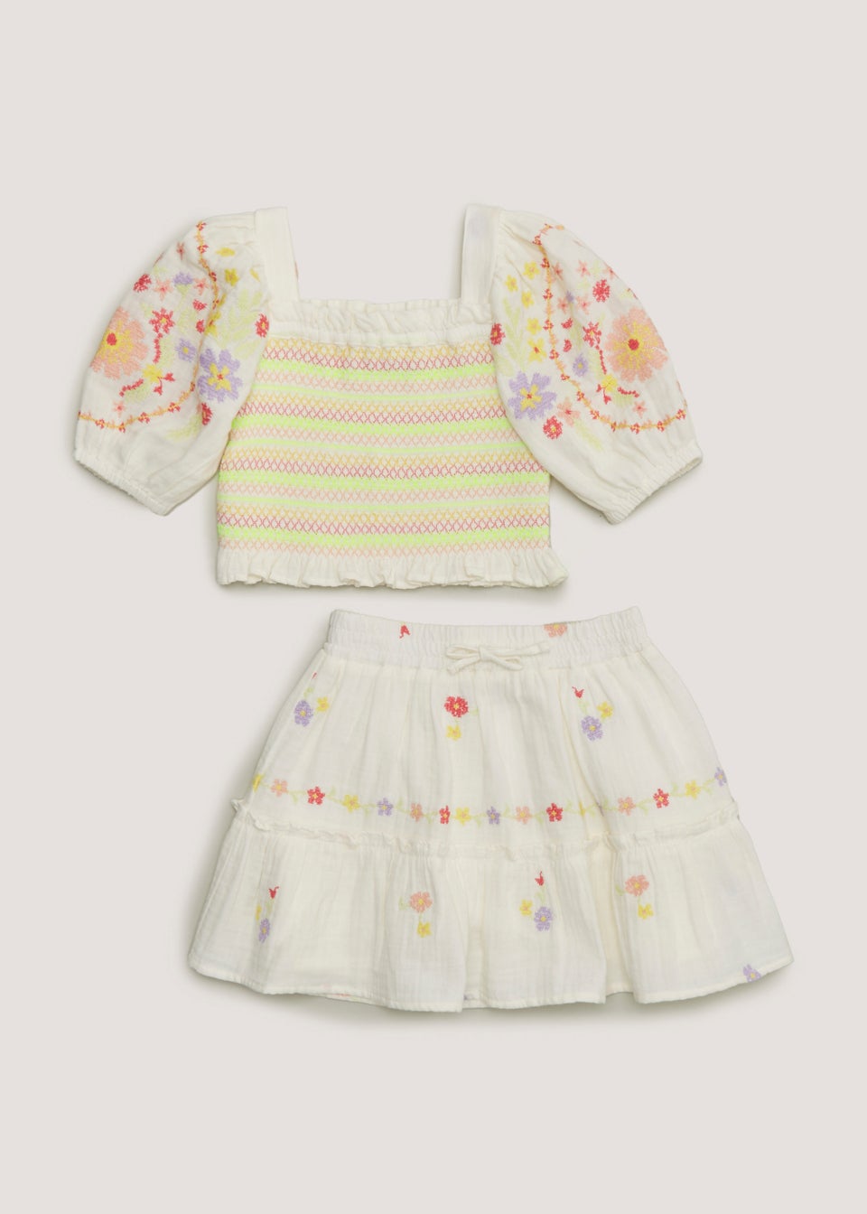 Girls Cream Floral Cross Stitch Top & Skirt Set (4-13yrs)