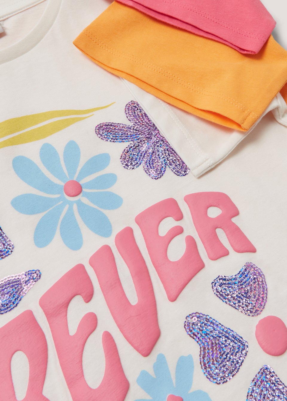 Girls 3 Pack Plain & Sequin Flower Tops (4-13yrs)