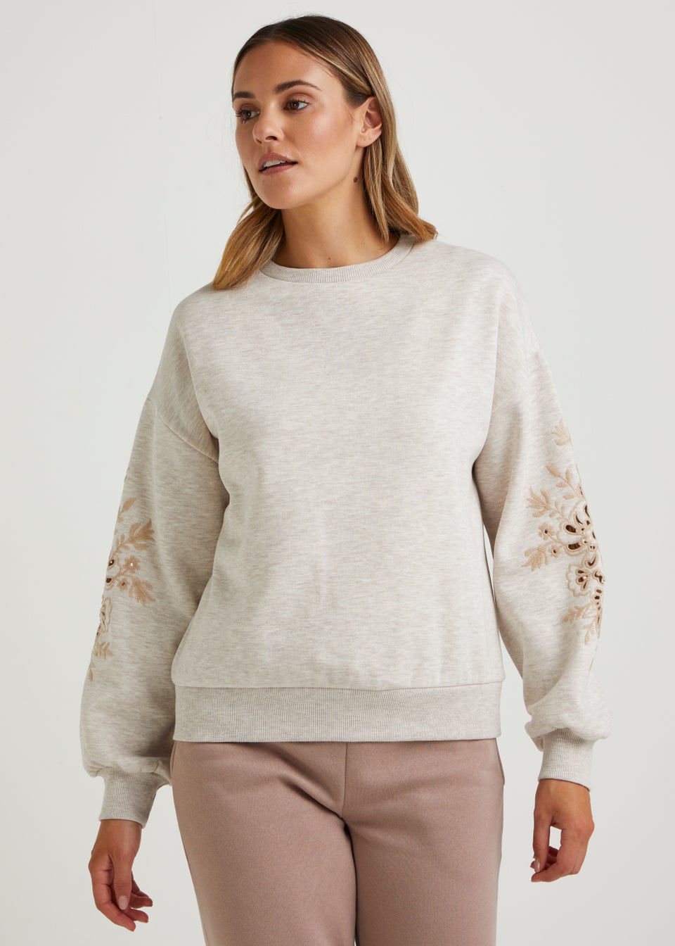 Oatmeal Embroidery Sleeve Sweatshirt Matalan