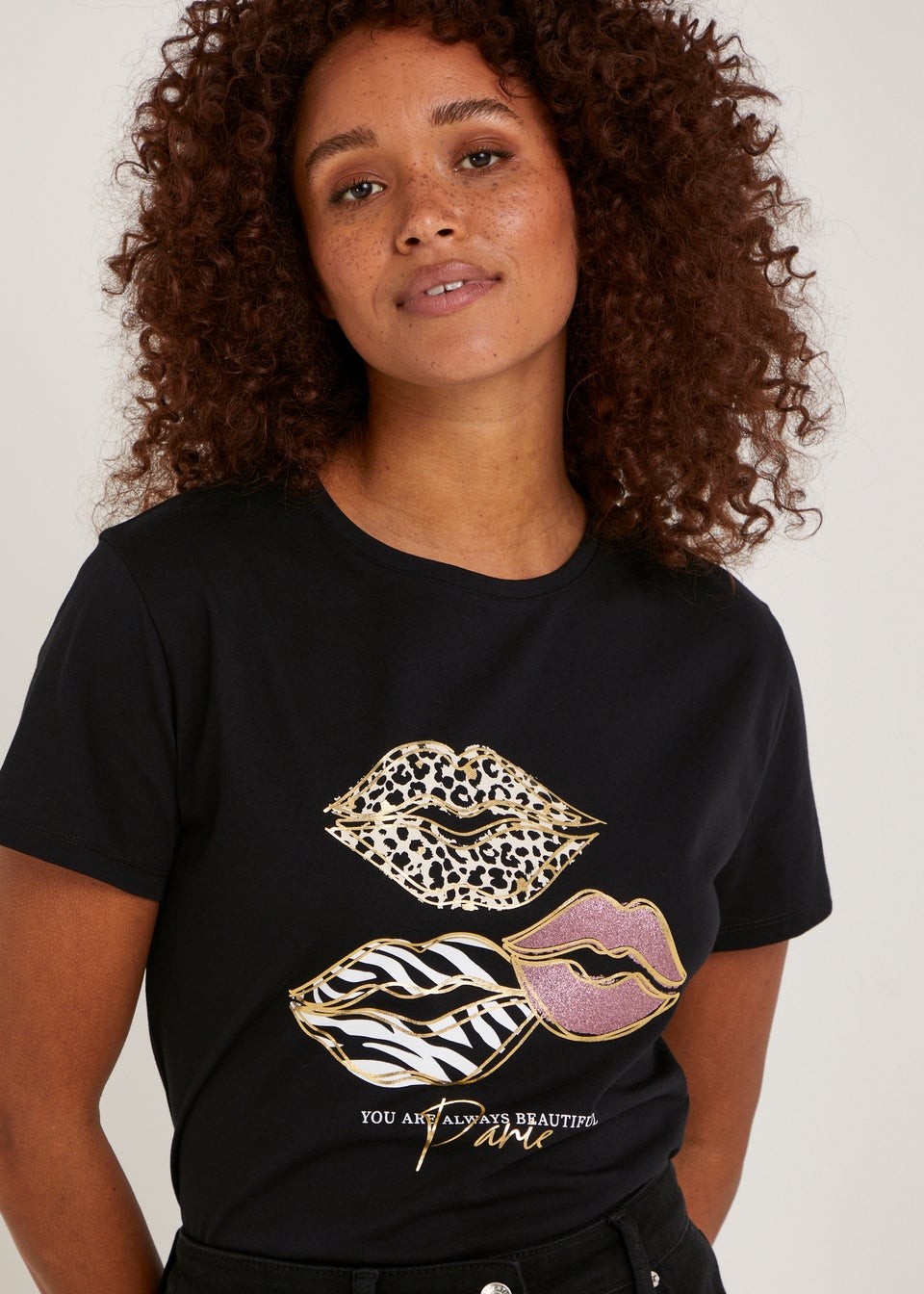Papaya Petite Black Lips Slogan T-Shirt