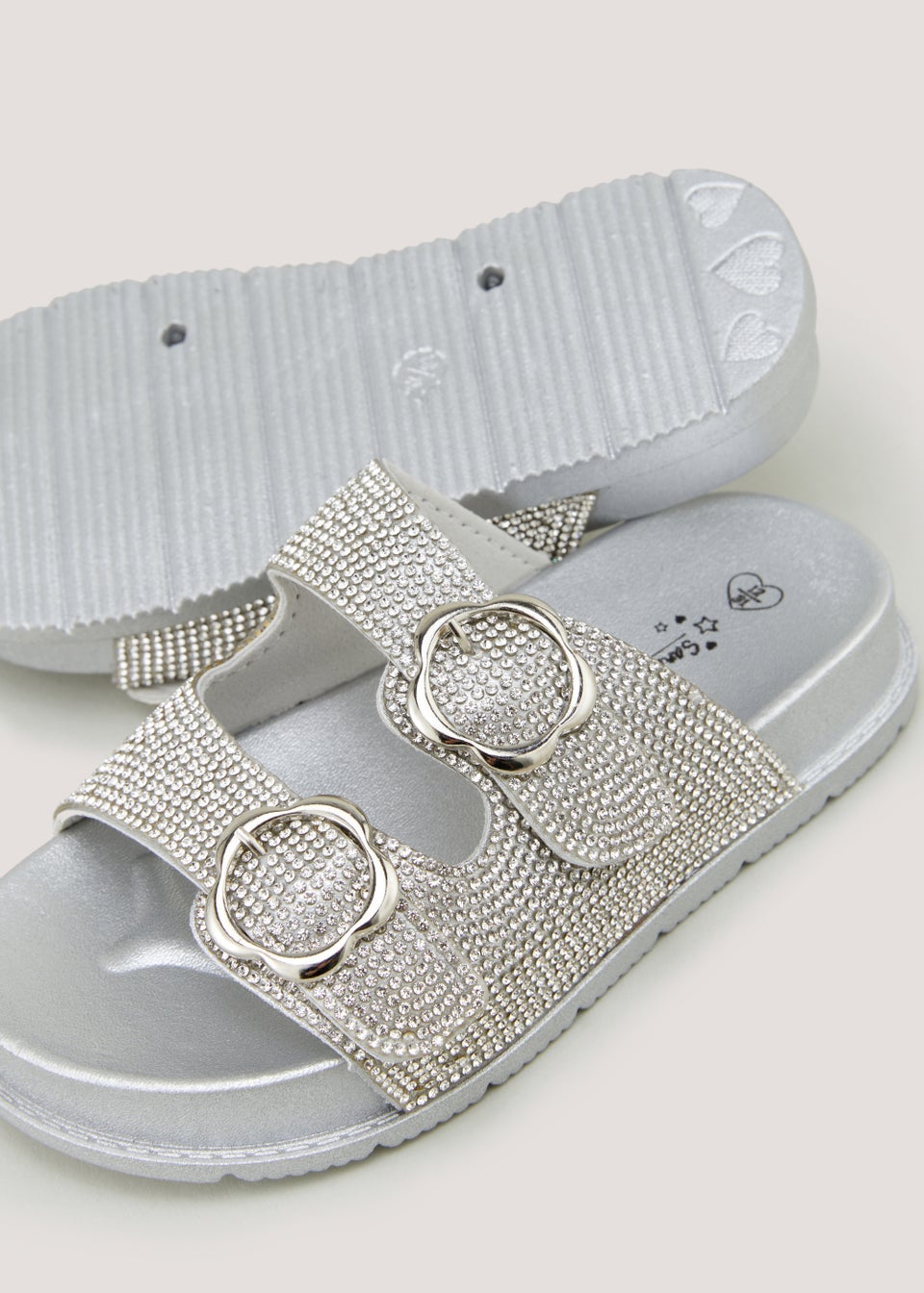 Girls Silver Diamante Buckle Sliders (Younger 10-Older 5)
