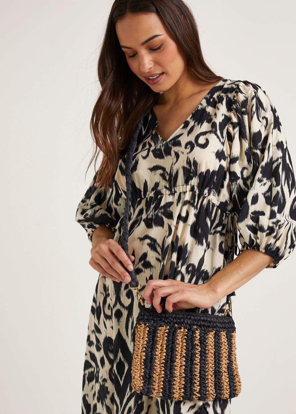 Black Brown Straw Clutch Bag Matalan