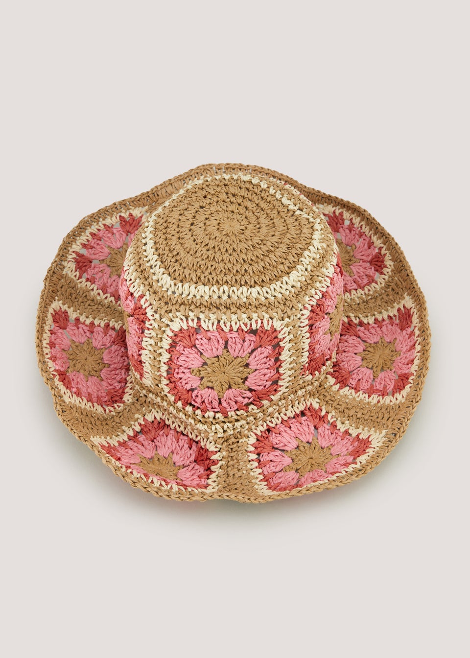 Natural Straw & Pink Floral Crochet  Hat