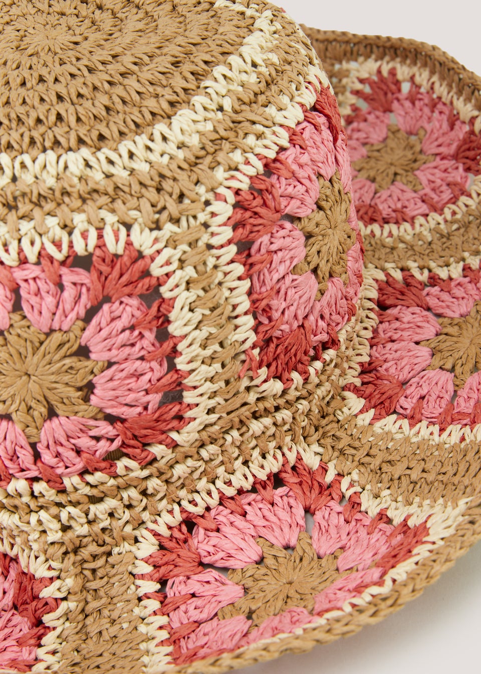 Natural Straw & Pink Floral Crochet  Hat
