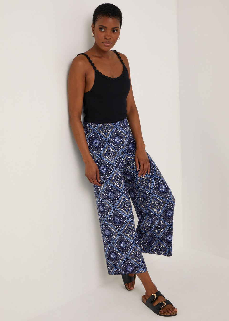 Navy Paisley Cropped Wide Leg Leggings