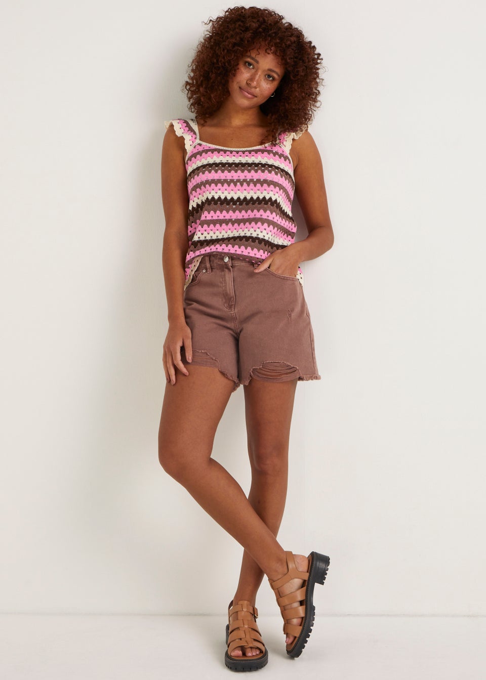 Brown Ripped Denim Shorts