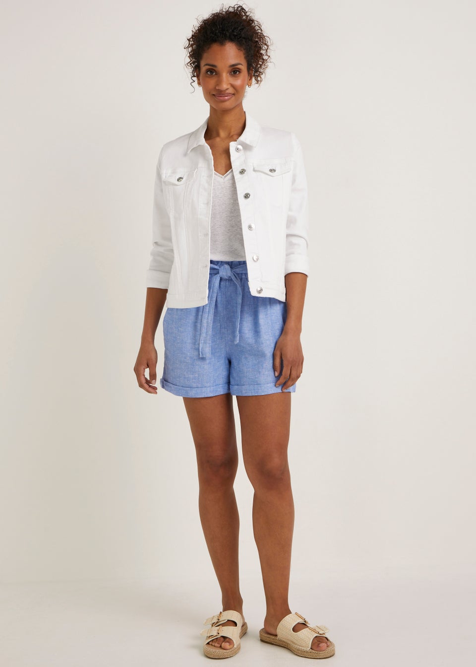 Blue Linen Blend Tie Waist Shorts