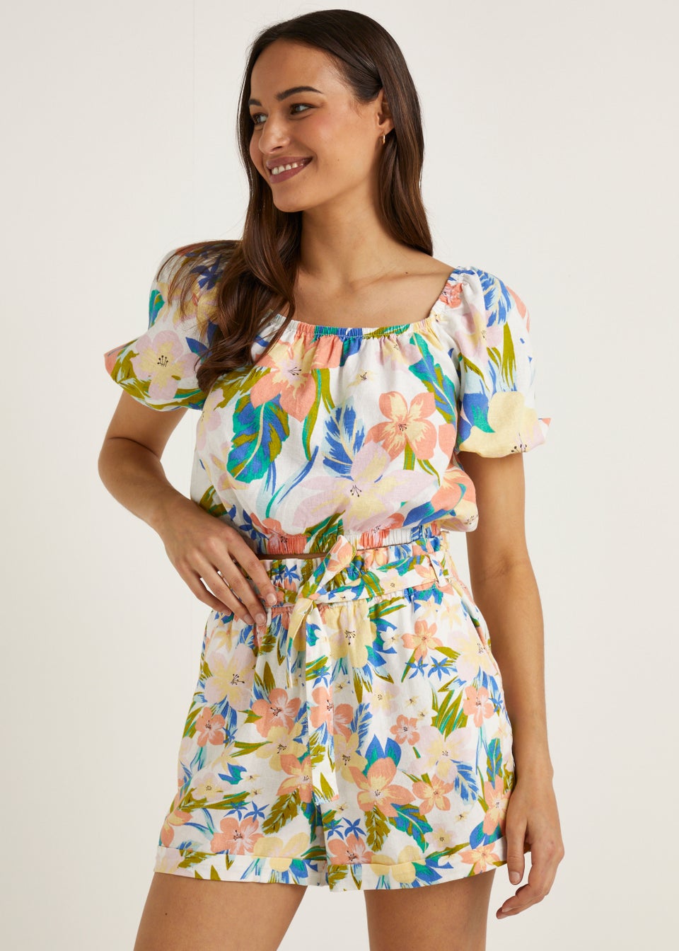 Multicoloured Tie Waisted Linen Blend Co-Ord Shorts