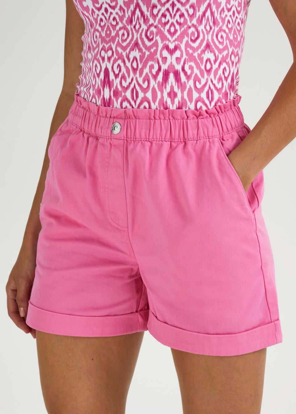 Papaya Petite Pink Denim Paperbag Shorts Matalan
