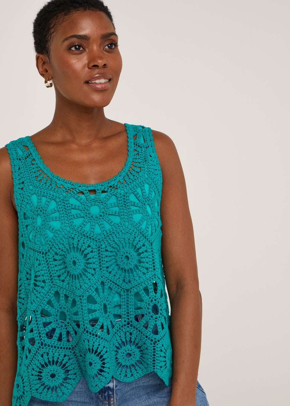 Green Crochet Lace Vest Top - Matalan