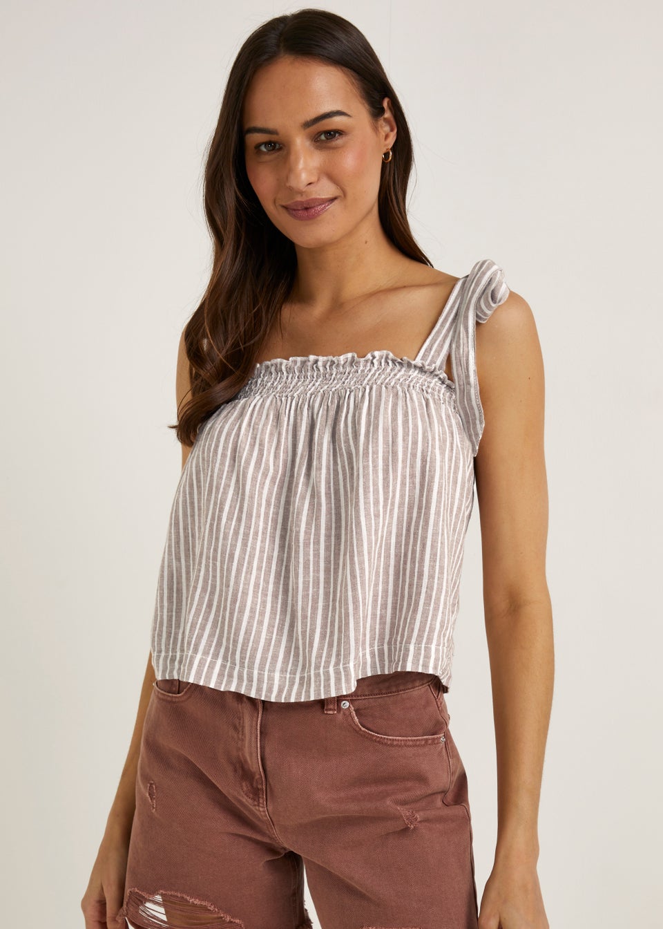 White & Brown Stripe Linen Blend Cami Top