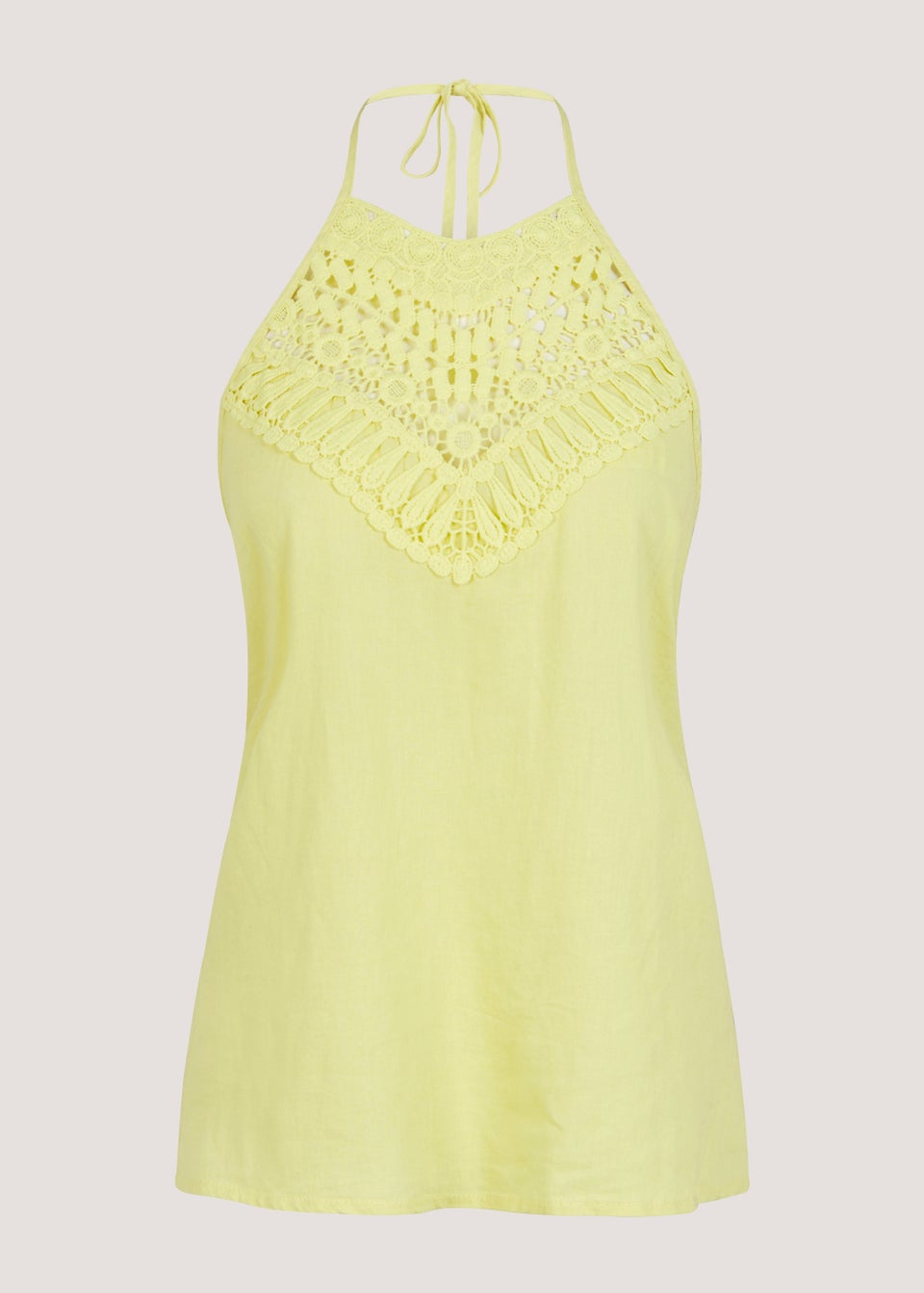 Yellow Crochet Look Linen Blend Halter Neck Top