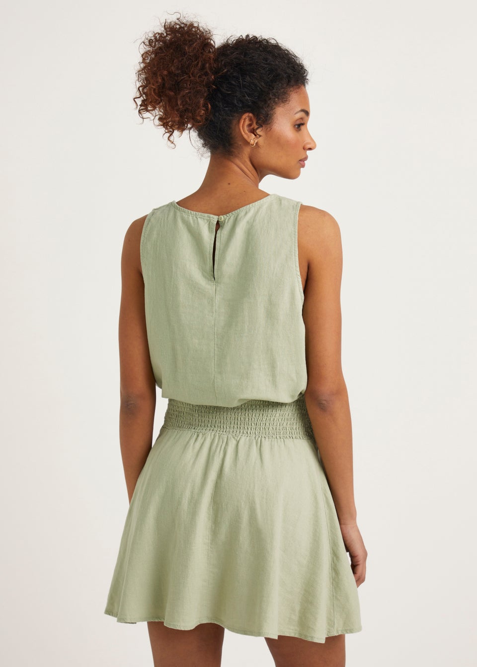 Green Linen Blend Shirred Mini Skirt