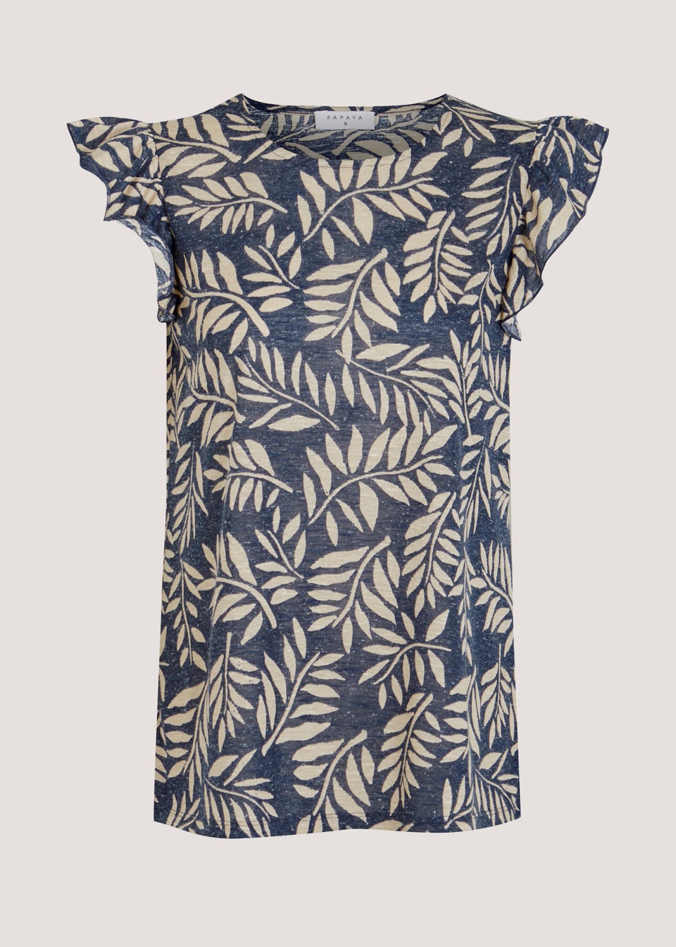 Navy Leaf Print Linen Blend Frill T-Shirt