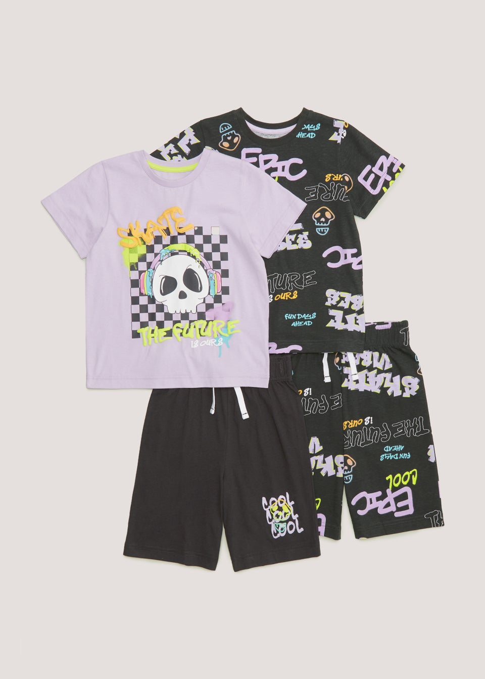 Boys 2 Pack Lilac Graffiti Skull Print Pyjama Sets (4-13yrs) - Matalan