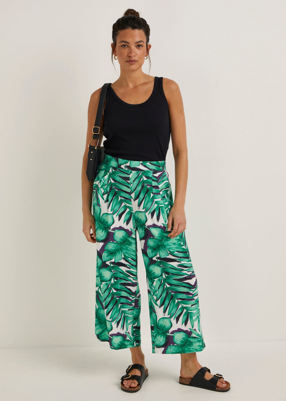 Green Leaf Print Cropped Wide Leg Trousers