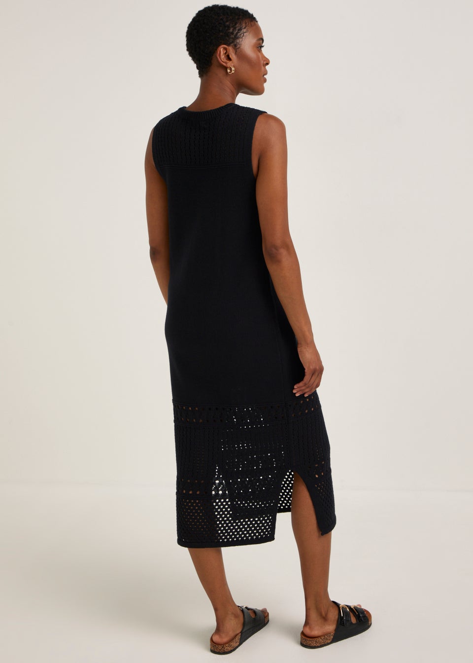 Black Pointelle Stitch Knitted Midi Dress