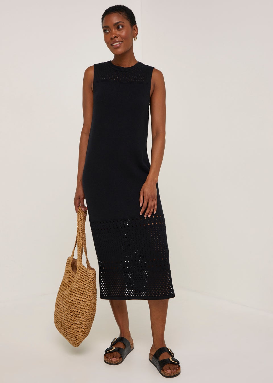 Black Pointelle Stitch Knitted Midi Dress