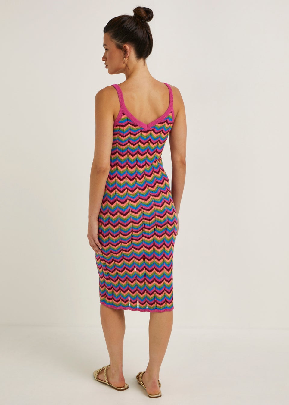 Multicoloured Zigzag Pointelle Stitch Knitted Midi Dress