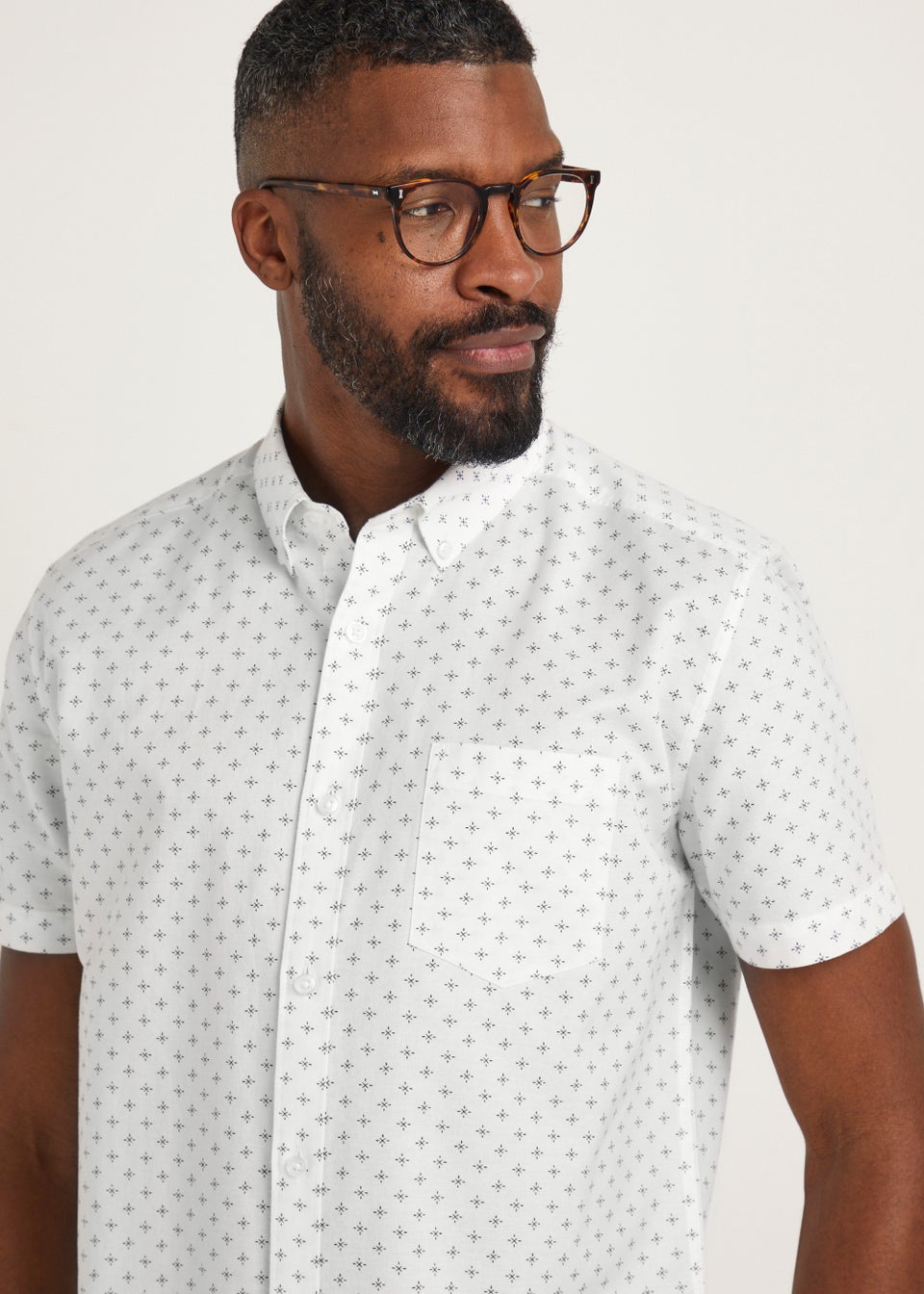 White Oxford Print Short Sleeve Shirt