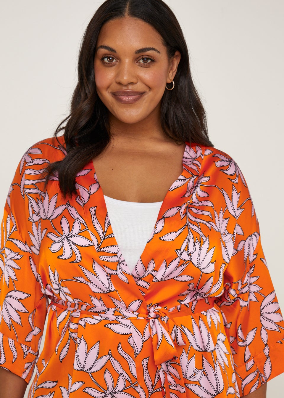 Papaya Curve Orange Floral Satin Kimono