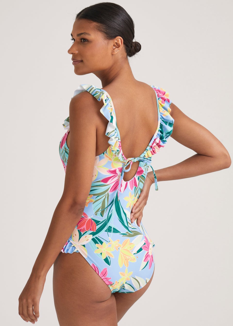 Blue Tropical Floral Frill Swimming Costume