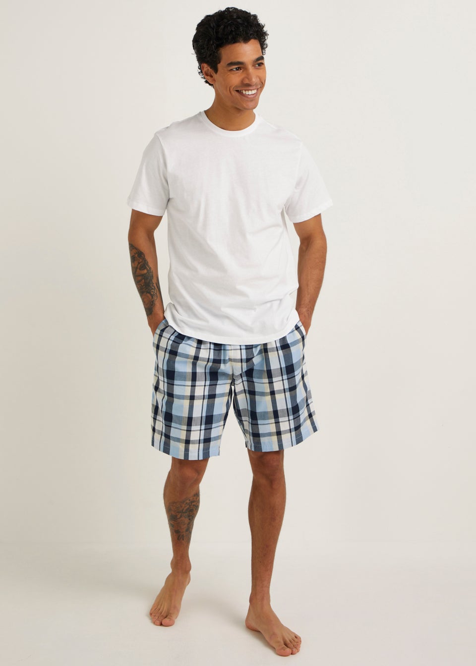 Blue & Ecru Check Woven Pyjama Shorts - Matalan