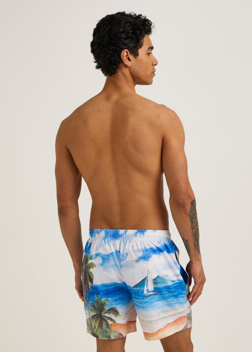 Blue Boat Scene Print Swim Shorts
