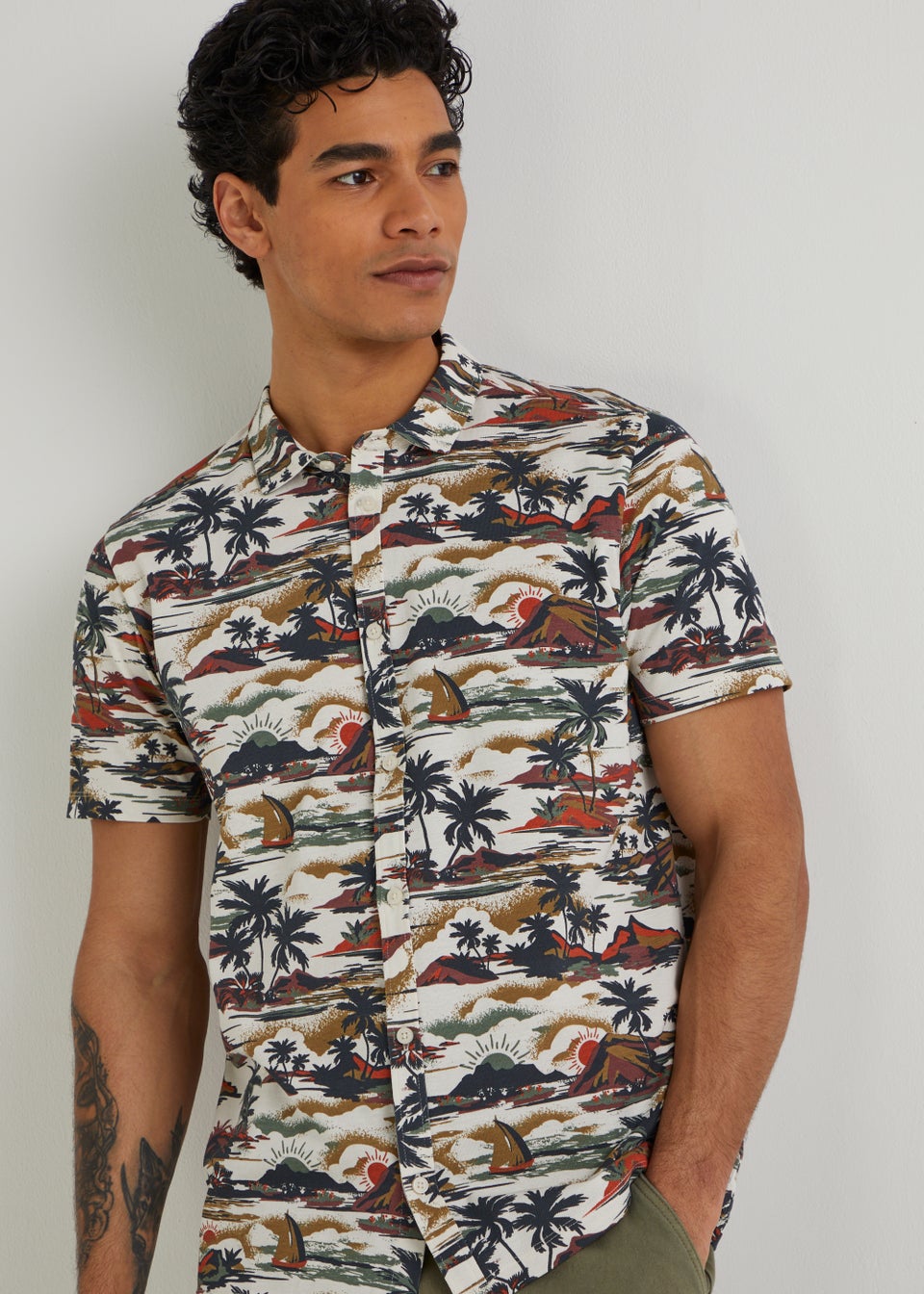 Ecru Tropical Island Print Short Sleeve Jersey Shirt