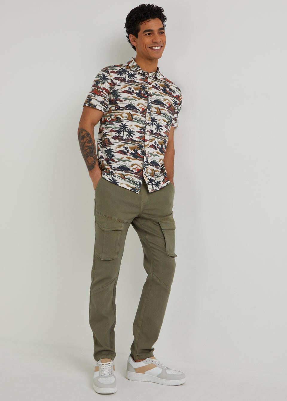 Ecru Tropical Island Print Short Sleeve Jersey Shirt