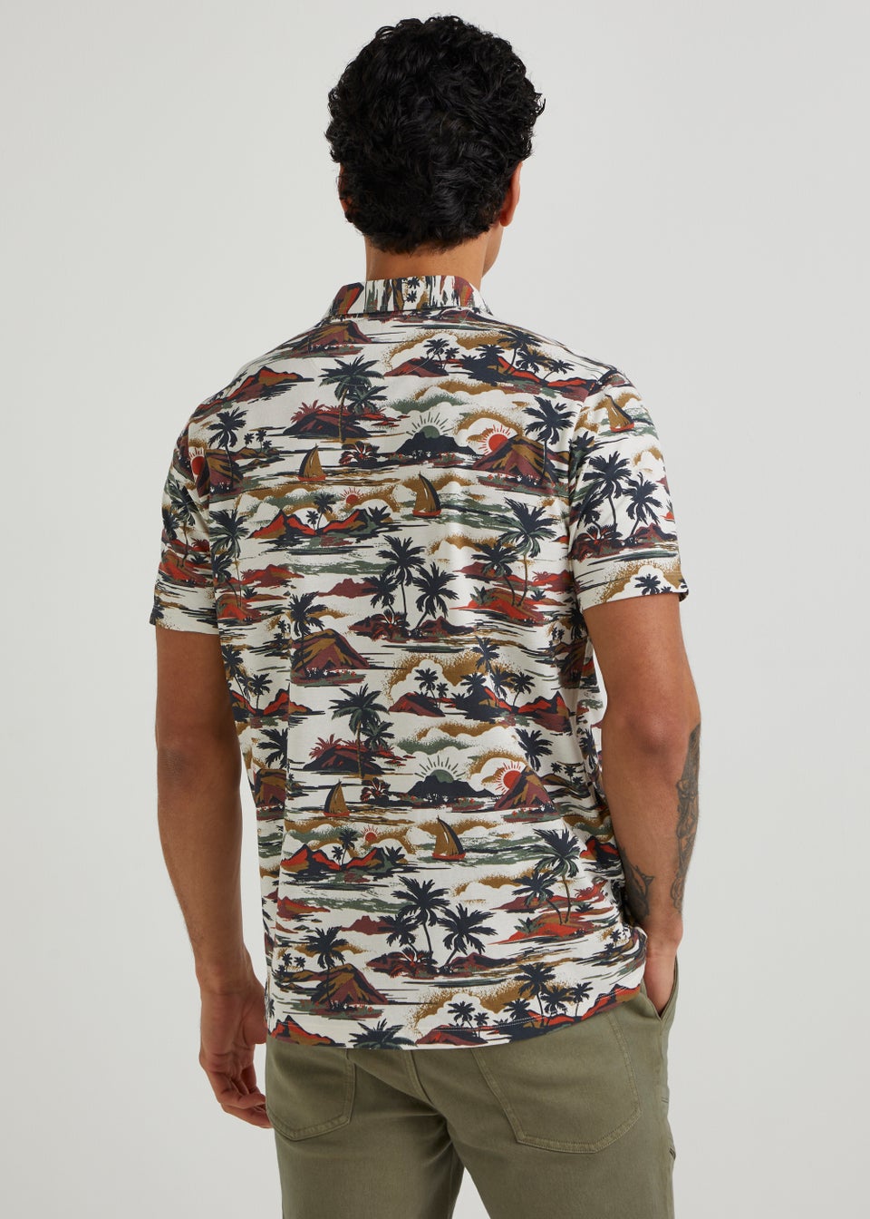 Ecru Tropical Island Print Short Sleeve Jersey Shirt