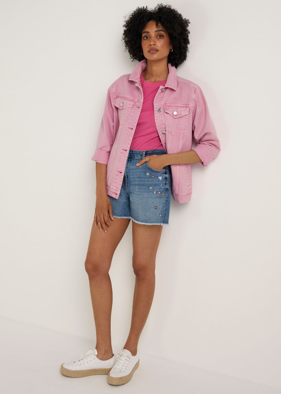 Mid Wash Denim Embroidered Ripped Shorts