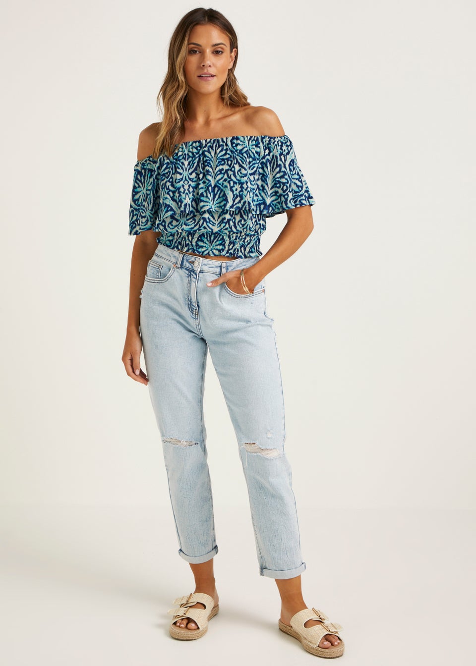 Blue Damask Bardot Co Ord Crop Top Matalan