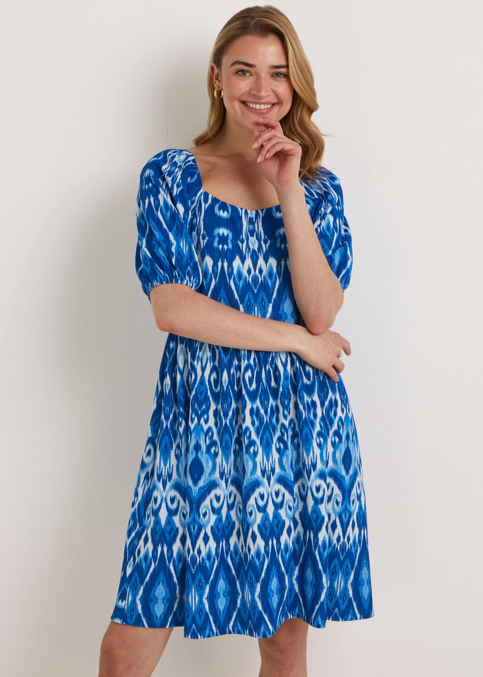 Blue Aztec Print Crinkle Mini Dress