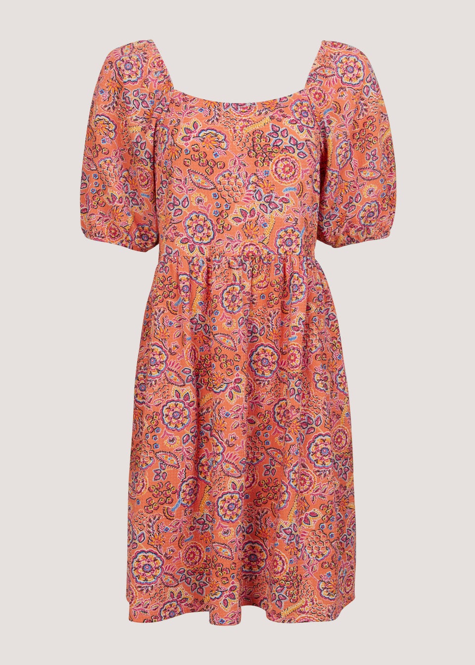 Coral Folk Print Crinkle Mini Dress