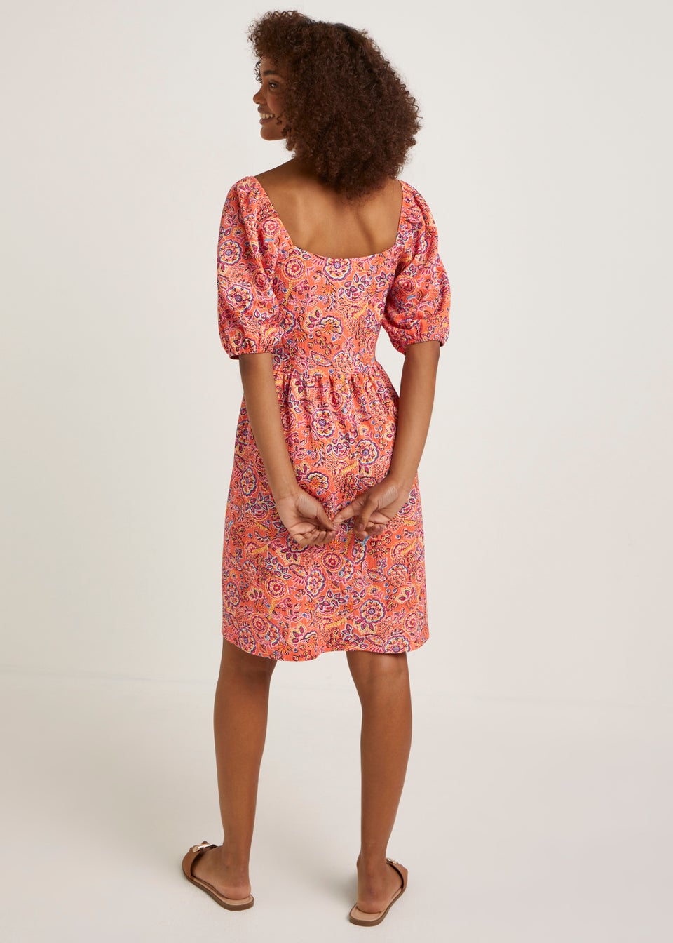 Coral Folk Print Crinkle Mini Dress