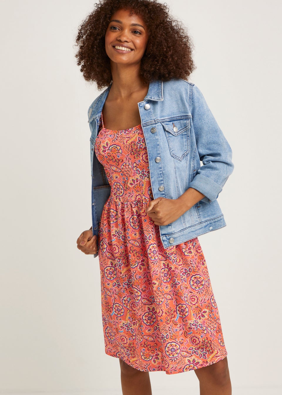 Coral Folk Print Crinkle Mini Dress