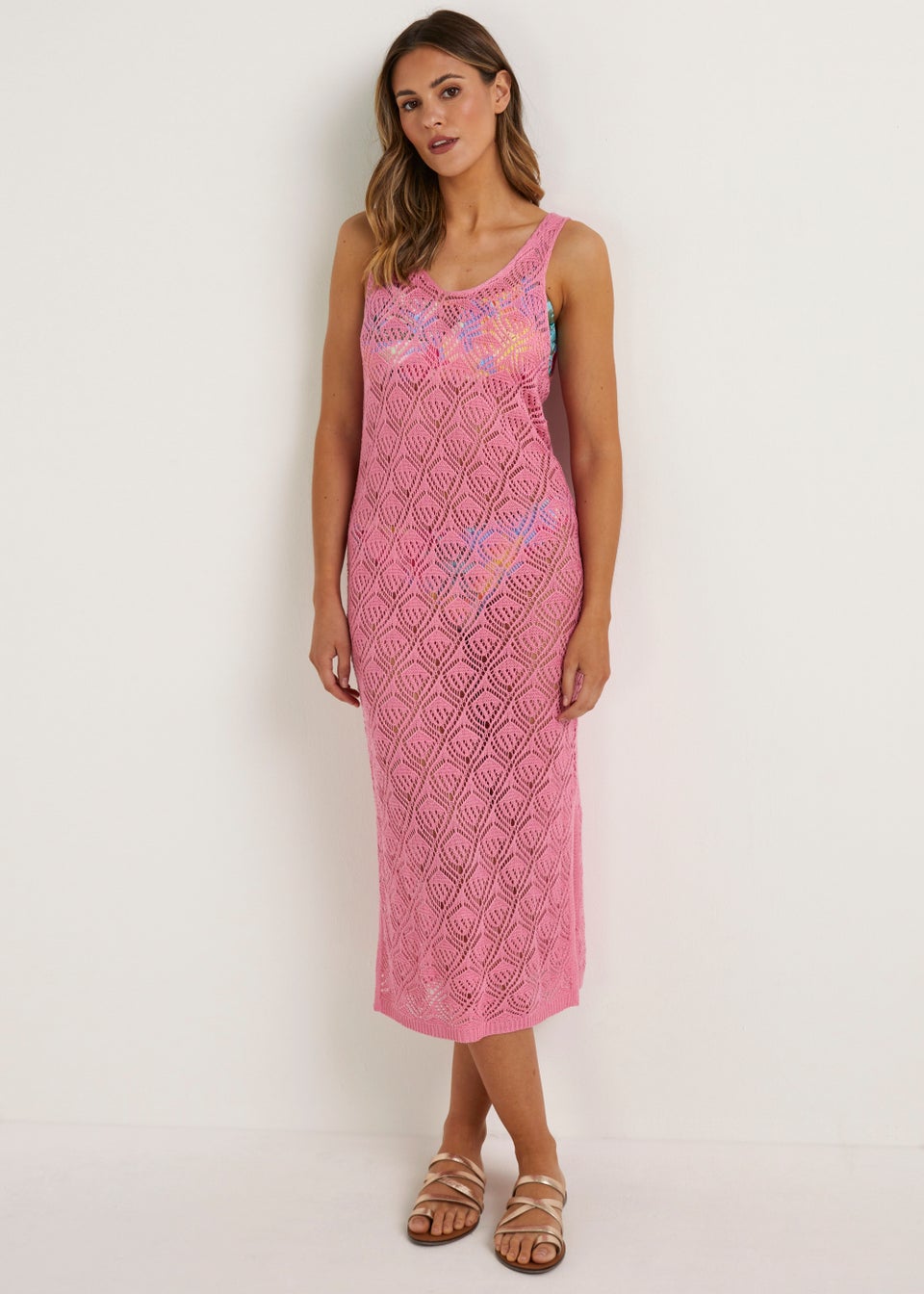 Pink Crochet Look Long Beach Dress