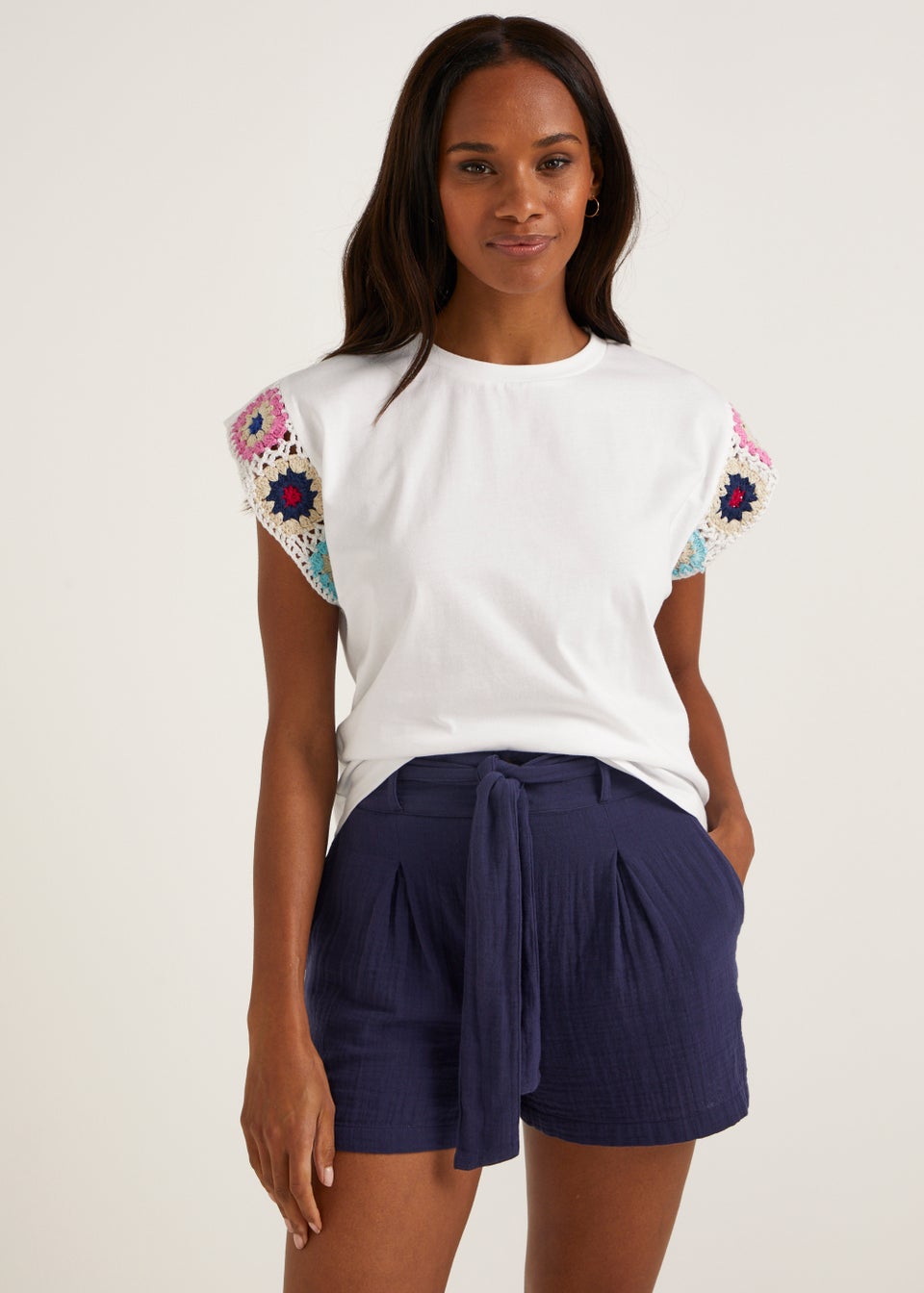 White Crochet Sleeve T-Shirt