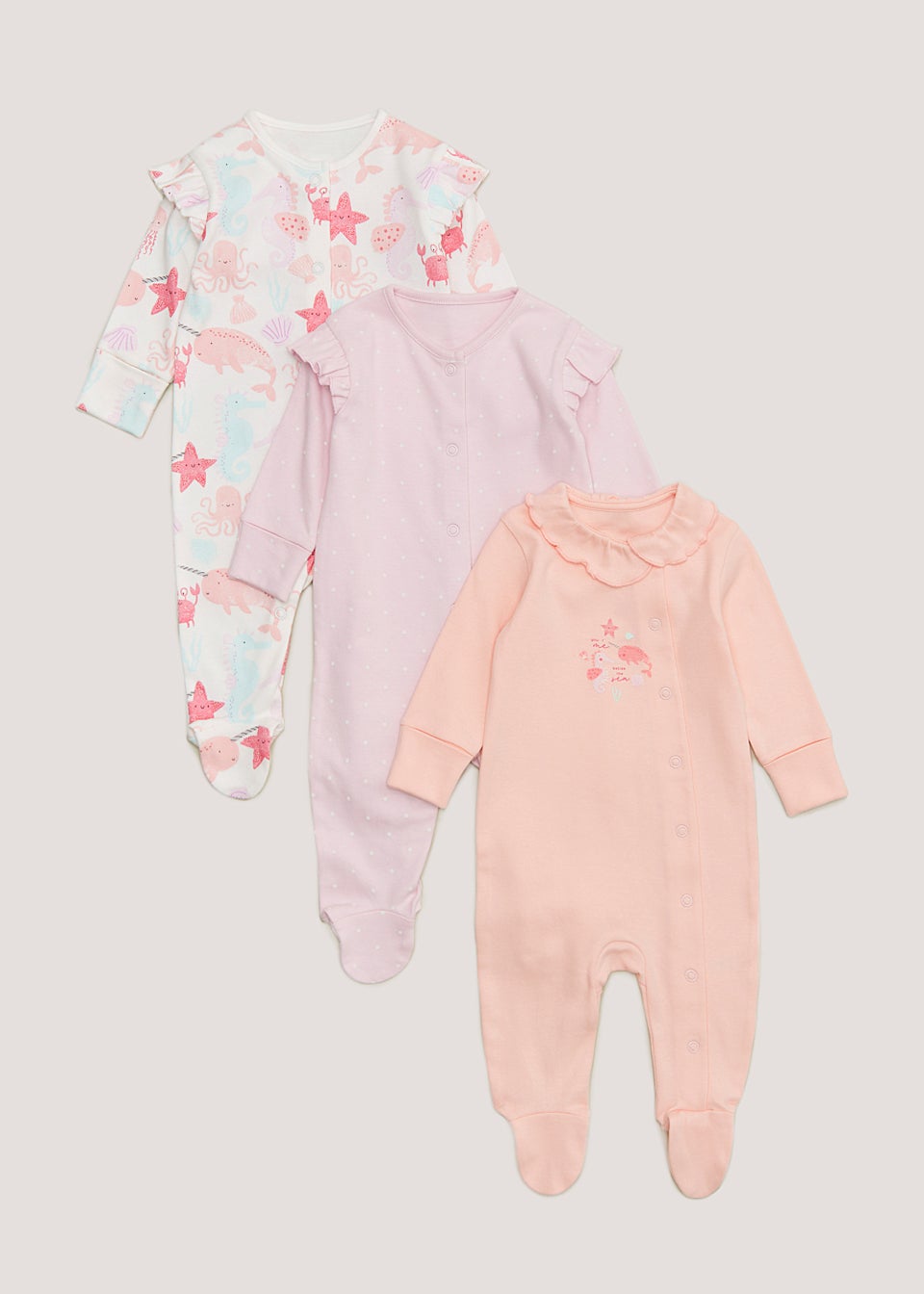 Baby 3 Pack Multicoloured Sea Print Sleepsuits Tiny Baby 12mths Matalan