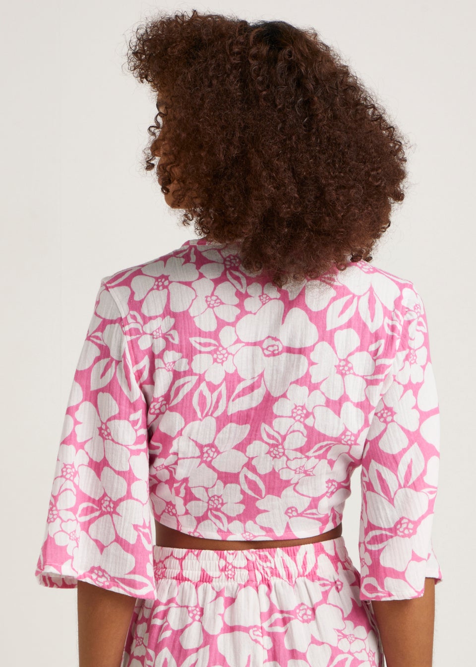 Pink & White Print Double Cloth Tie Co-Ord Beach Top